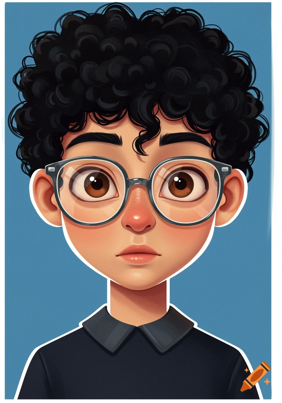 Cartoon portrait of a boy with curly black hair, clear glasses, and brown eyes.