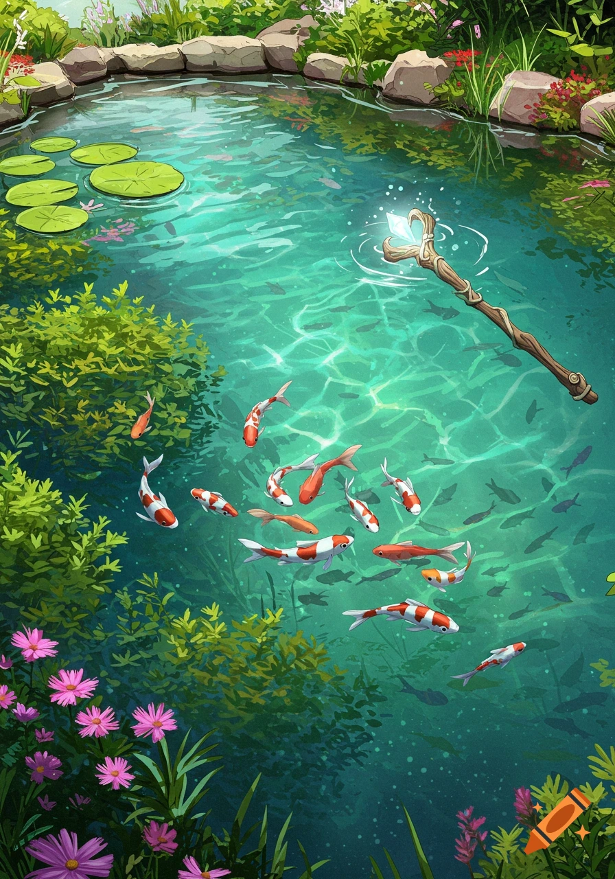 A vibrant illustration of a pond filled with koi fish and small fish, with a magic wand hovering over the water.