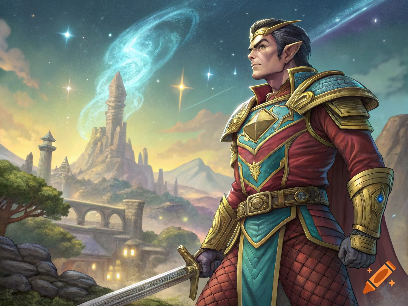 Elf warrior in ornate armor with sword overlooks a fantasy landscape ...
