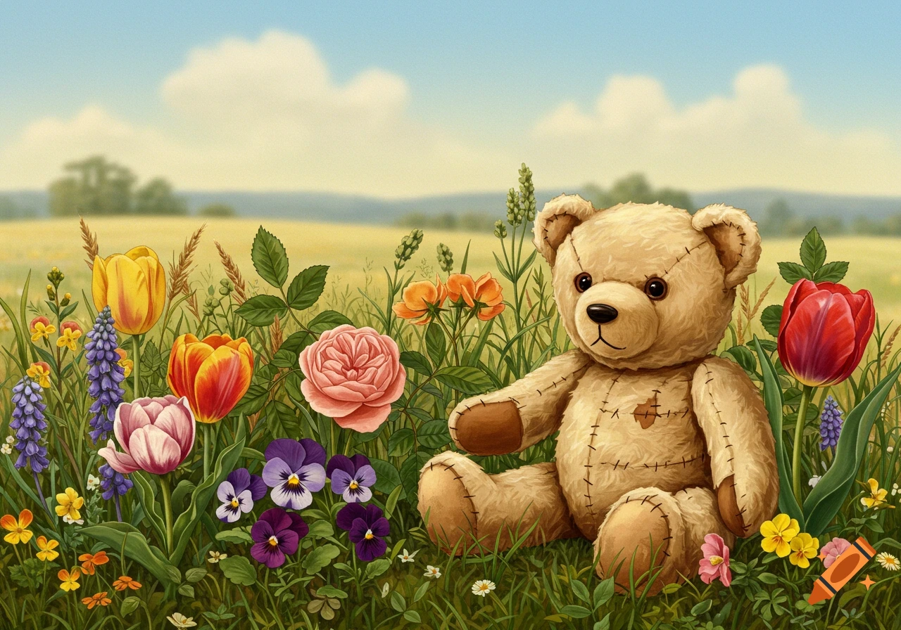 A stuffed teddy bear sits in a field of colorful flowers, rendered in a botanical illustration style.