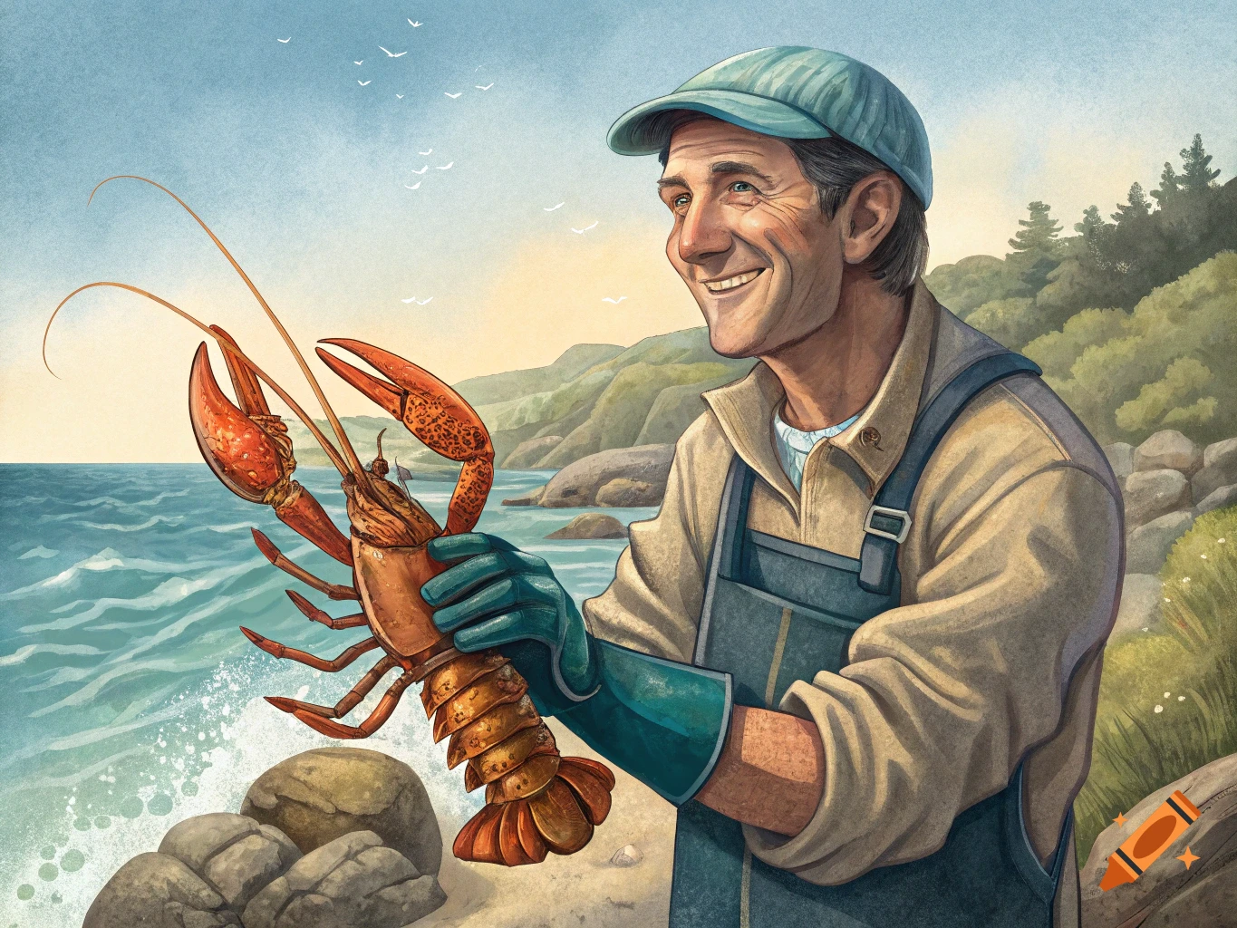 Illustrated portrait of a smiling man in a cap and overalls holding a large lobster by the sea.