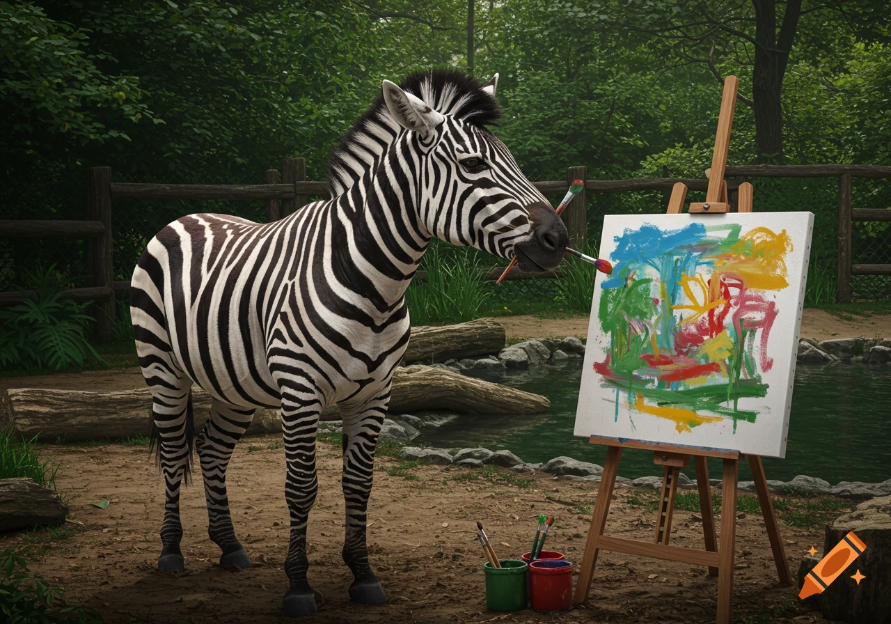 A zebra paints an abstract picture on a canvas with a brush in its mouth at a zoo enclosure.
