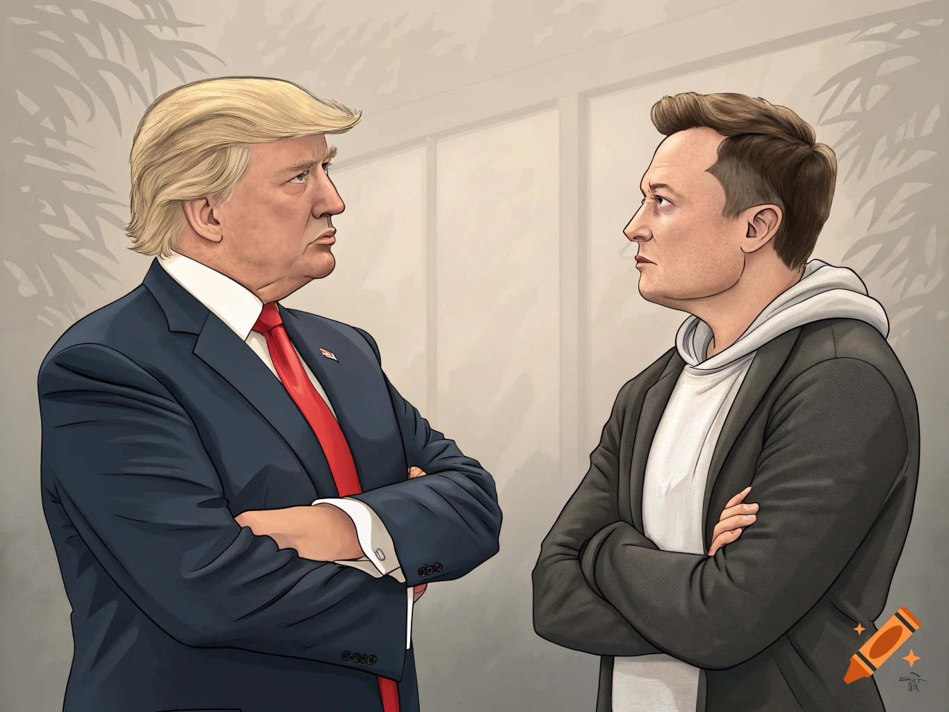 Illustration of Donald Trump in a suit facing Elon Musk in a jacket and hoodie