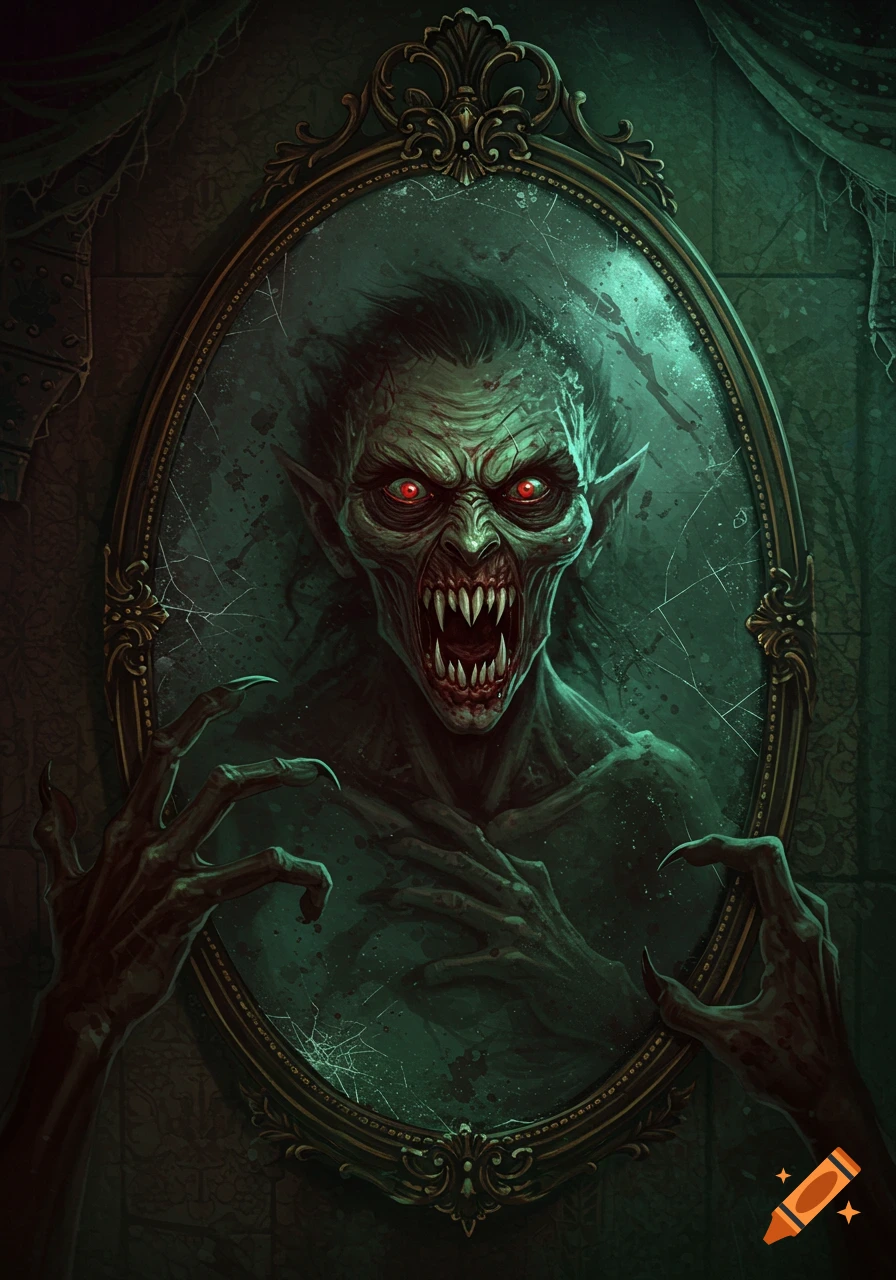 Creepy monster with red eyes and fangs in a mirror reflection