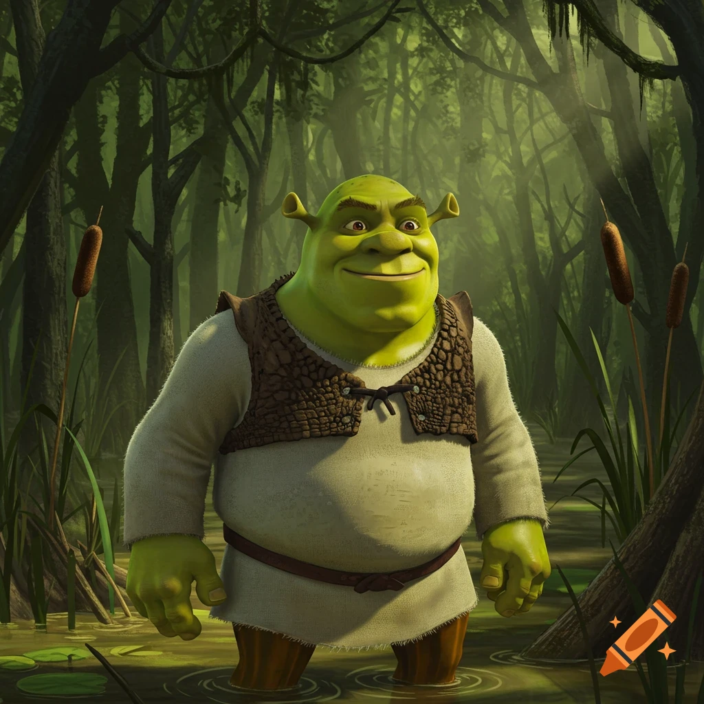 A large green ogre resembling Shrek stands in a swamp with trees and reeds, rendered in a 3D animated style.