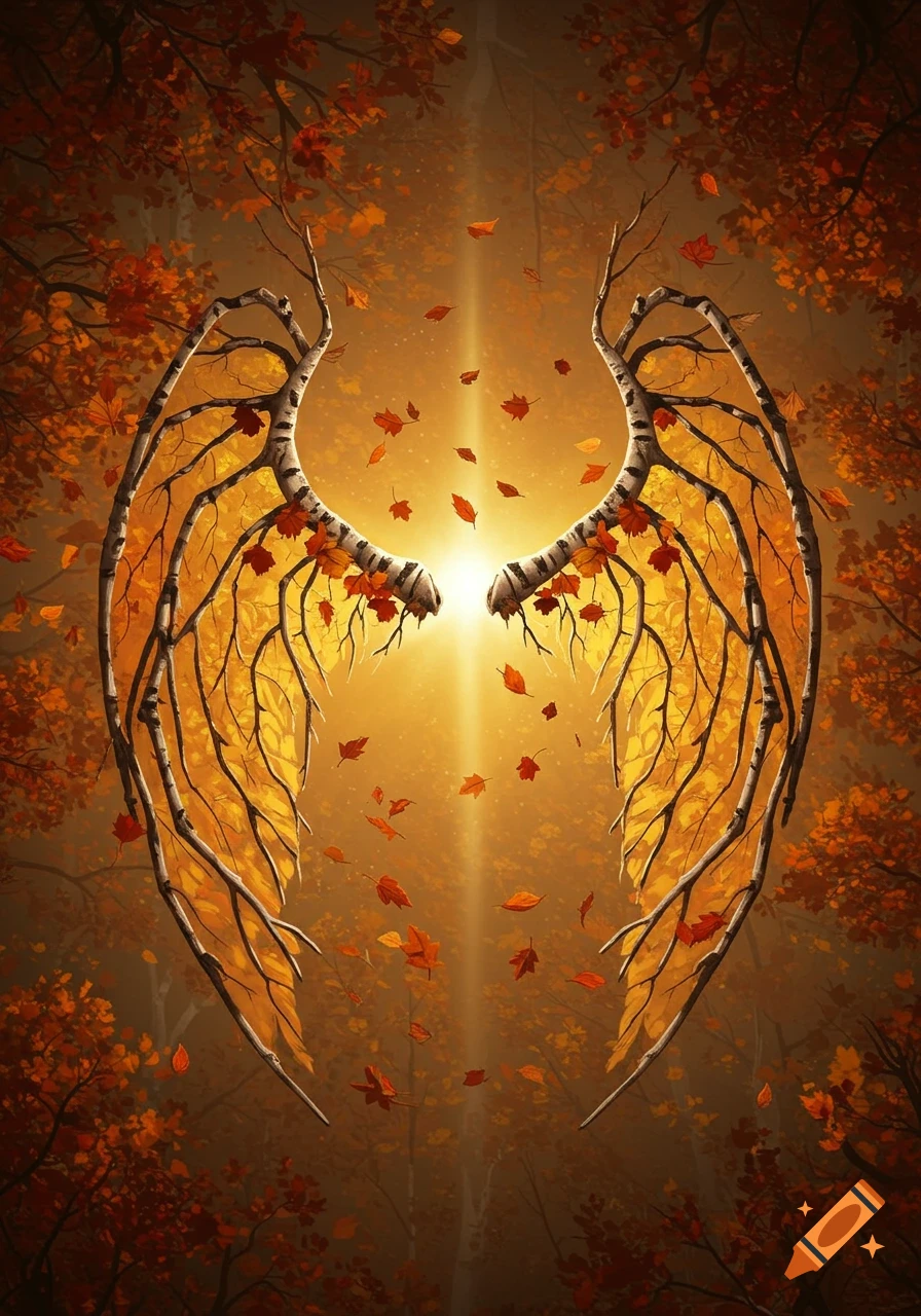 Fantasy wings made of birch branches and autumn leaves in a misty forest with a glowing light.