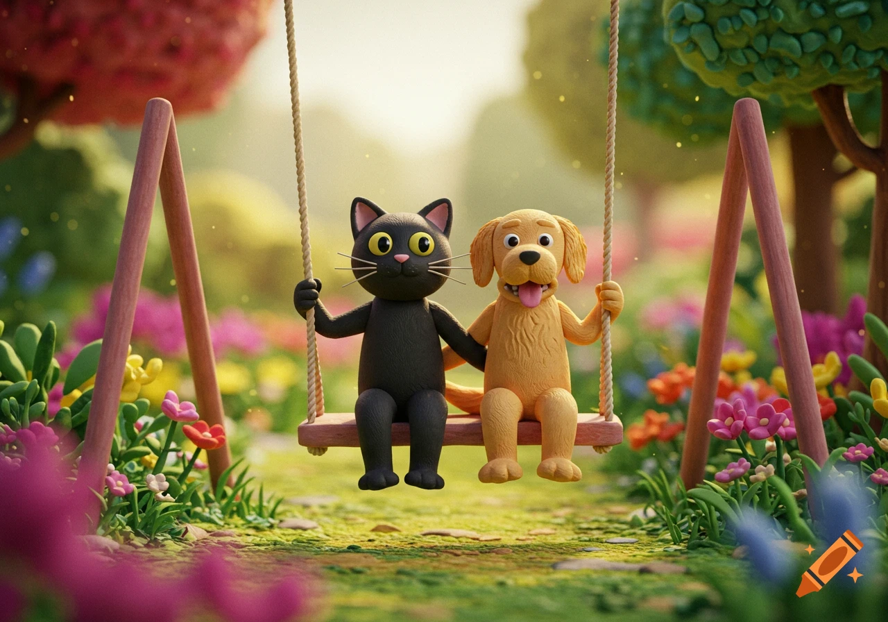 Claymation cat and dog on a swing in a garden.