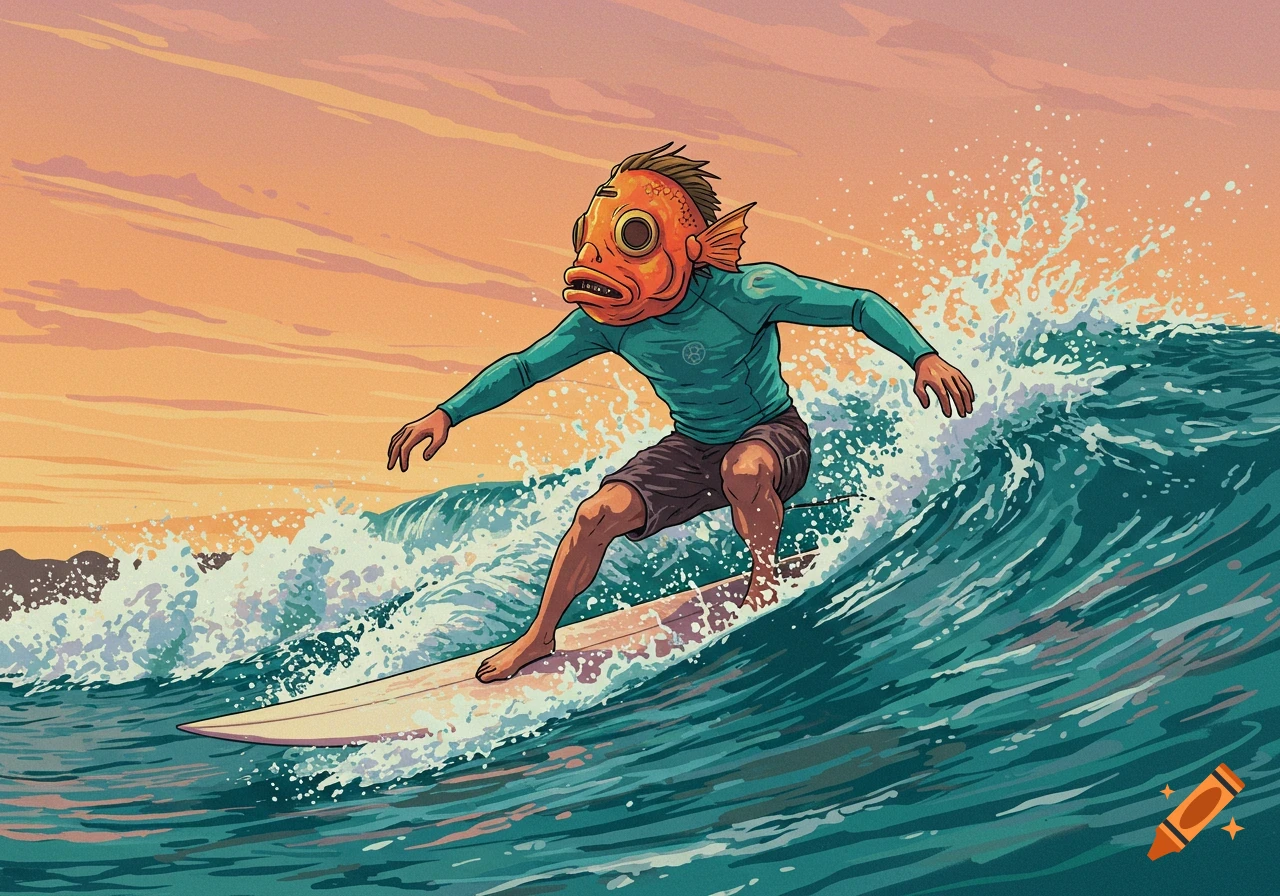 Illustration of a person with a fish head surfing a wave at sunset.