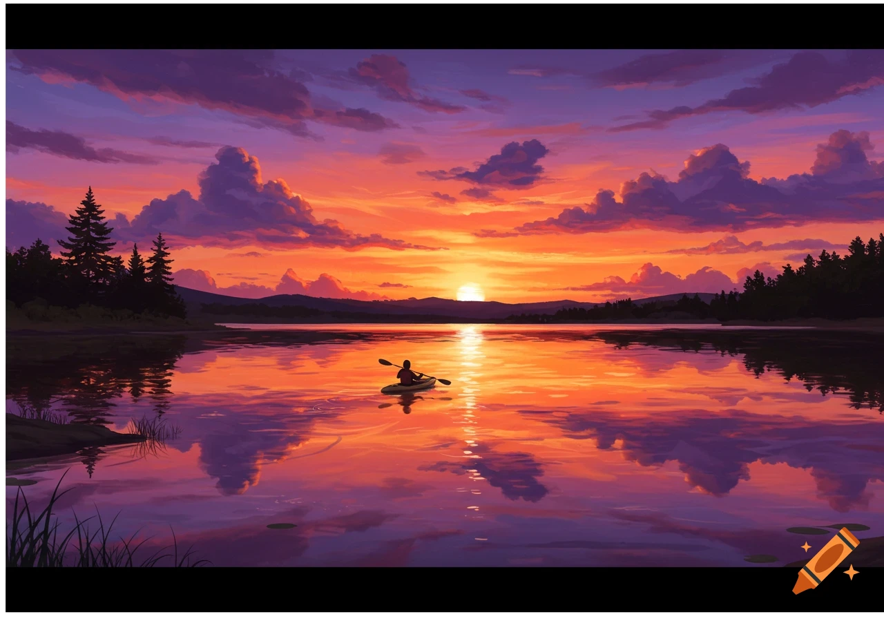 Person kayaking on a lake during a vibrant sunset with clouds and reflections