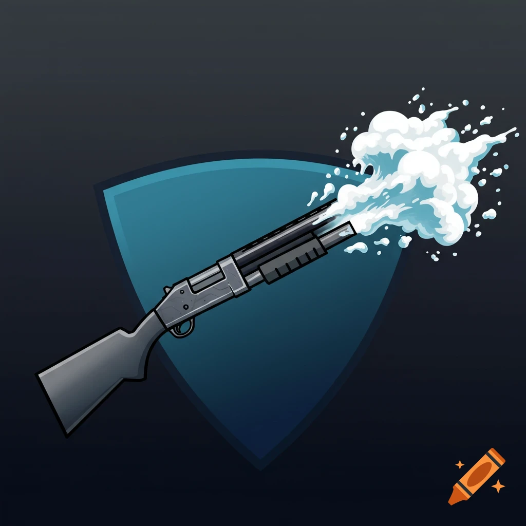 Minimalist illustration of a shotgun firing white foam against a dark blue shield background.