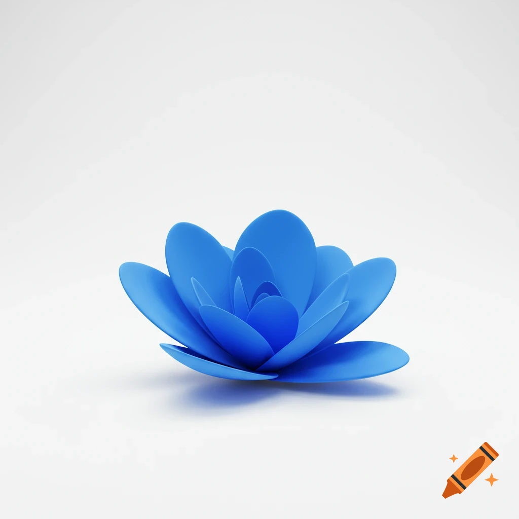 A modern, minimalist blue flower on a white background.