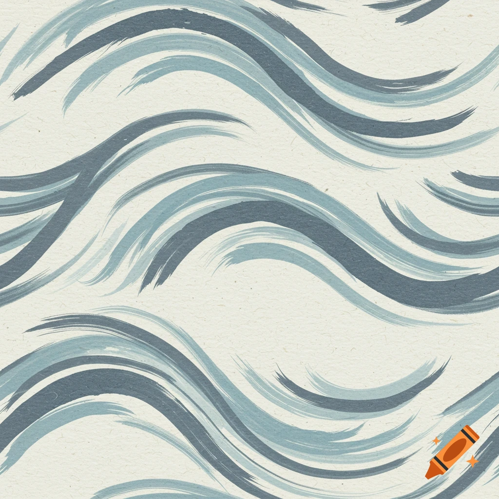 Seamless pattern of blue and gray wavy brush strokes on a textured paper background, inspired by calligraphy.