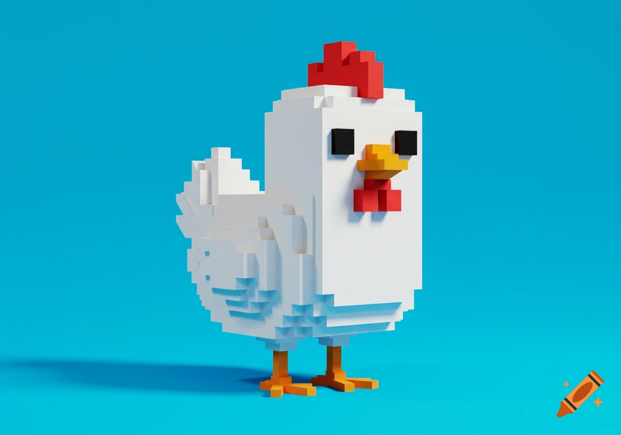 Voxel art white chicken on a blue background.