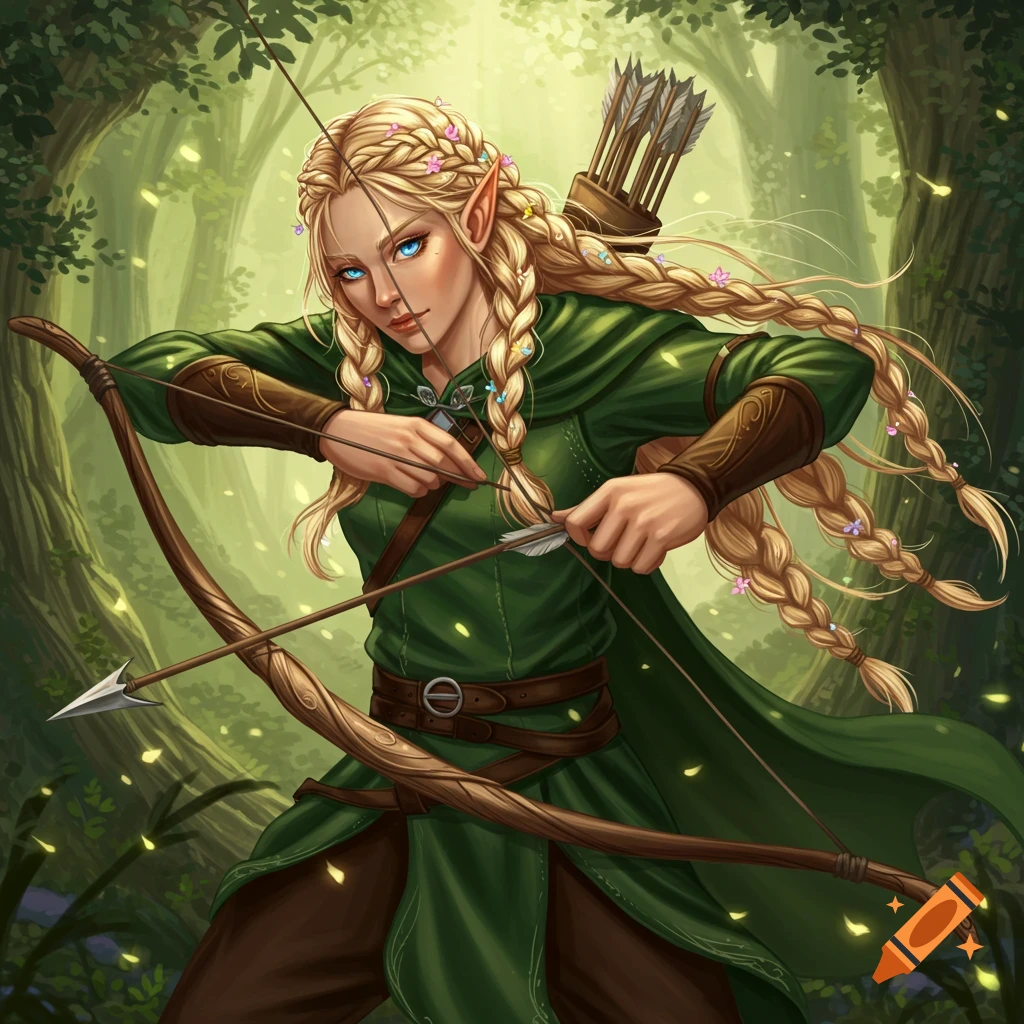 An elf with blond braided hair and blue eyes aims a bow and arrow in a sunlit forest.