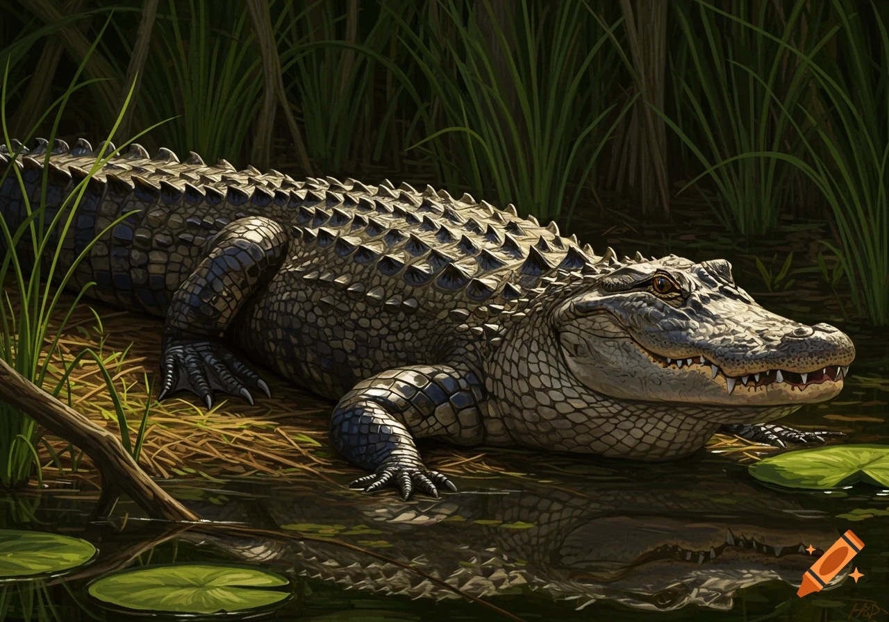 Realistic painting of an alligator lying by the water in a swamp.