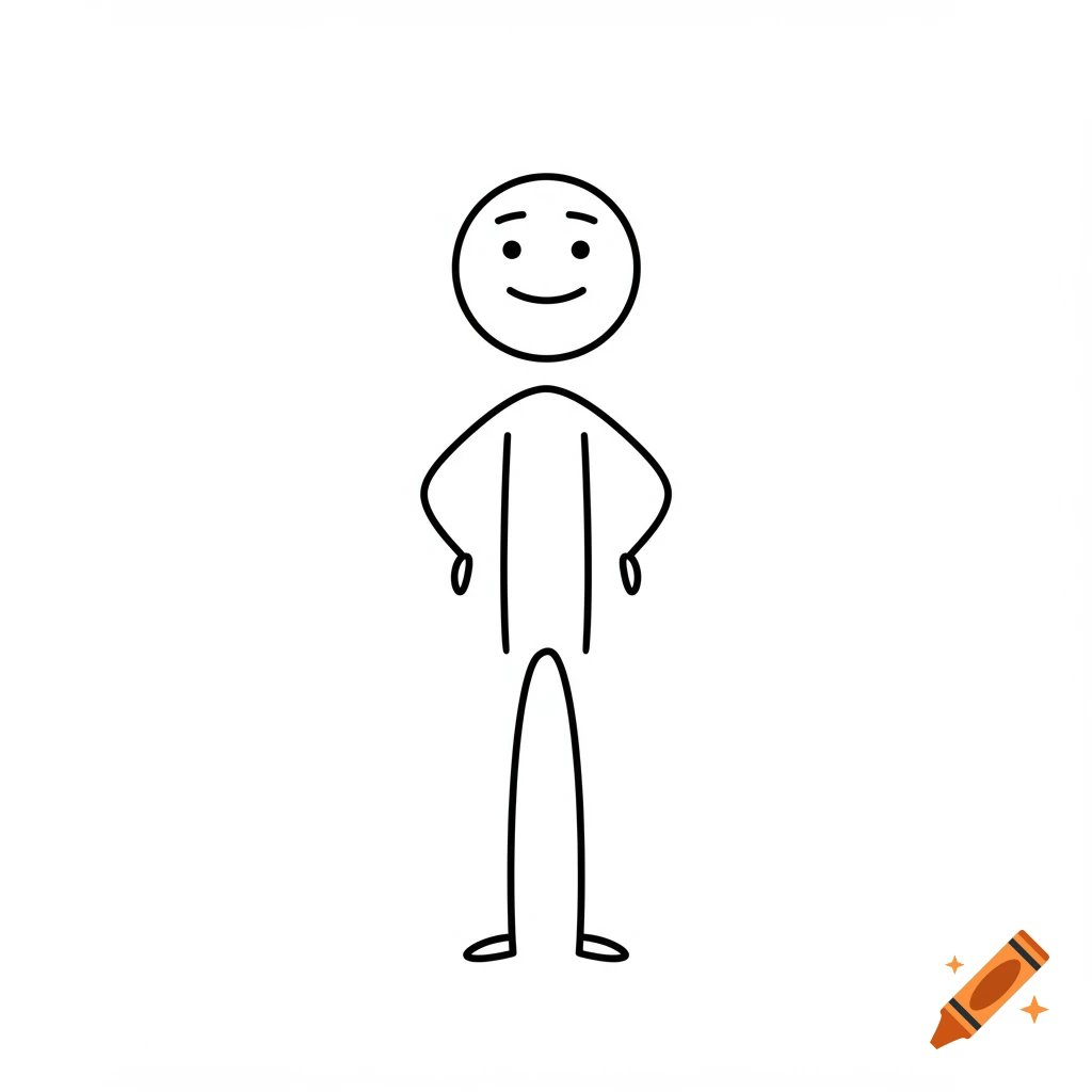 Simple black and white line art stick figure with a smiling face.
