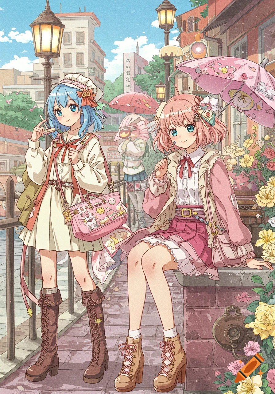 Anime illustration of two girls with colorful hair and accessories on a sunny street with flowers.
