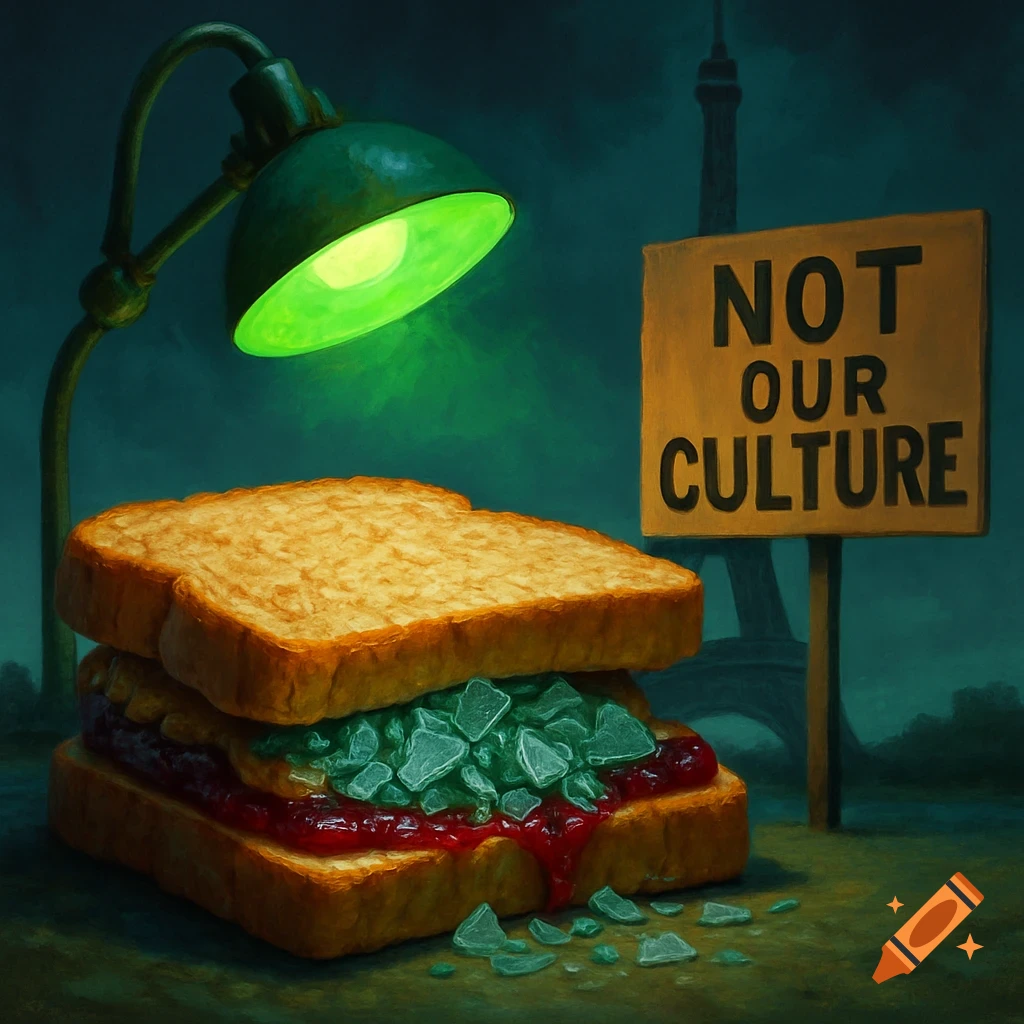 Painted image of a sandwich with glass shards and jam, lit by a green lamp, next to a sign saying 'NOT OUR CULTURE' with the Eiffel Tower in the background.