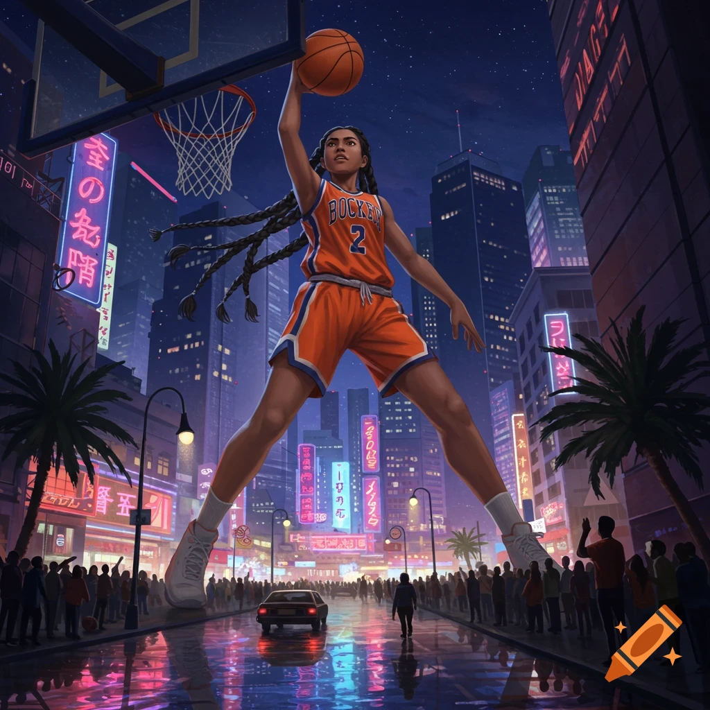 Giant female basketball player dunking in a neon-lit city street at night