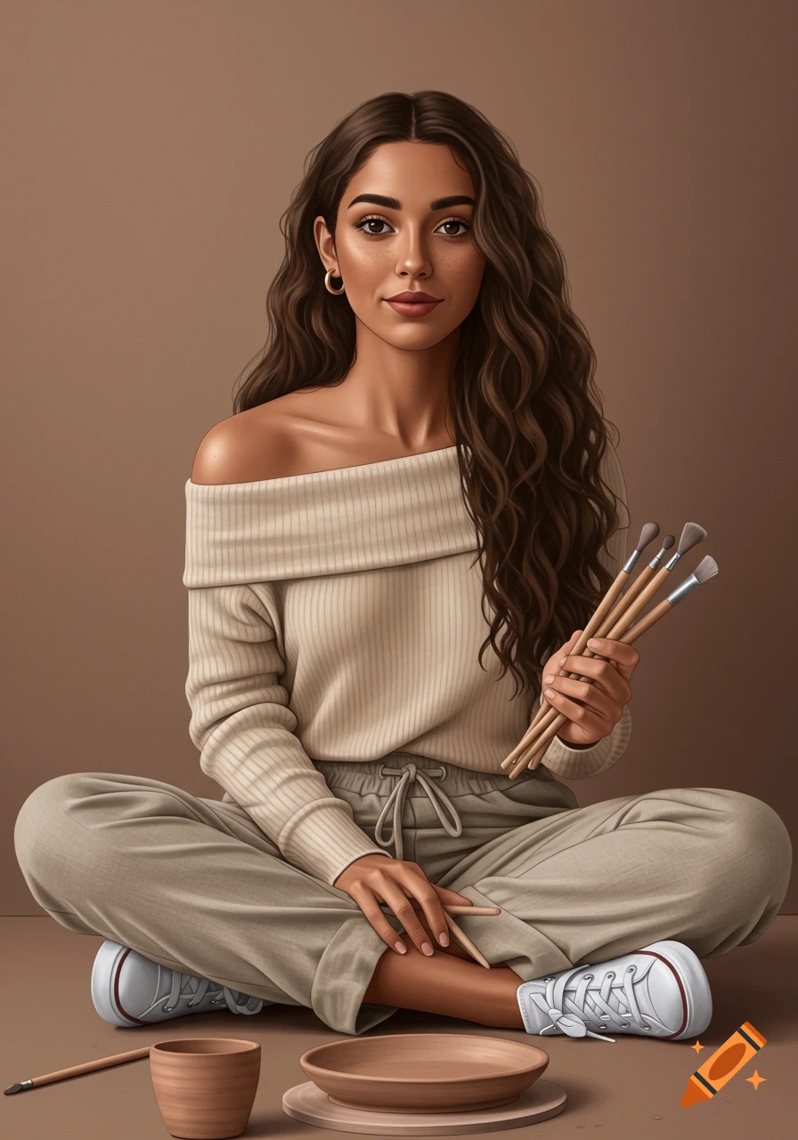 Digital art portrait of a young woman holding pottery tools, sitting cross-legged.