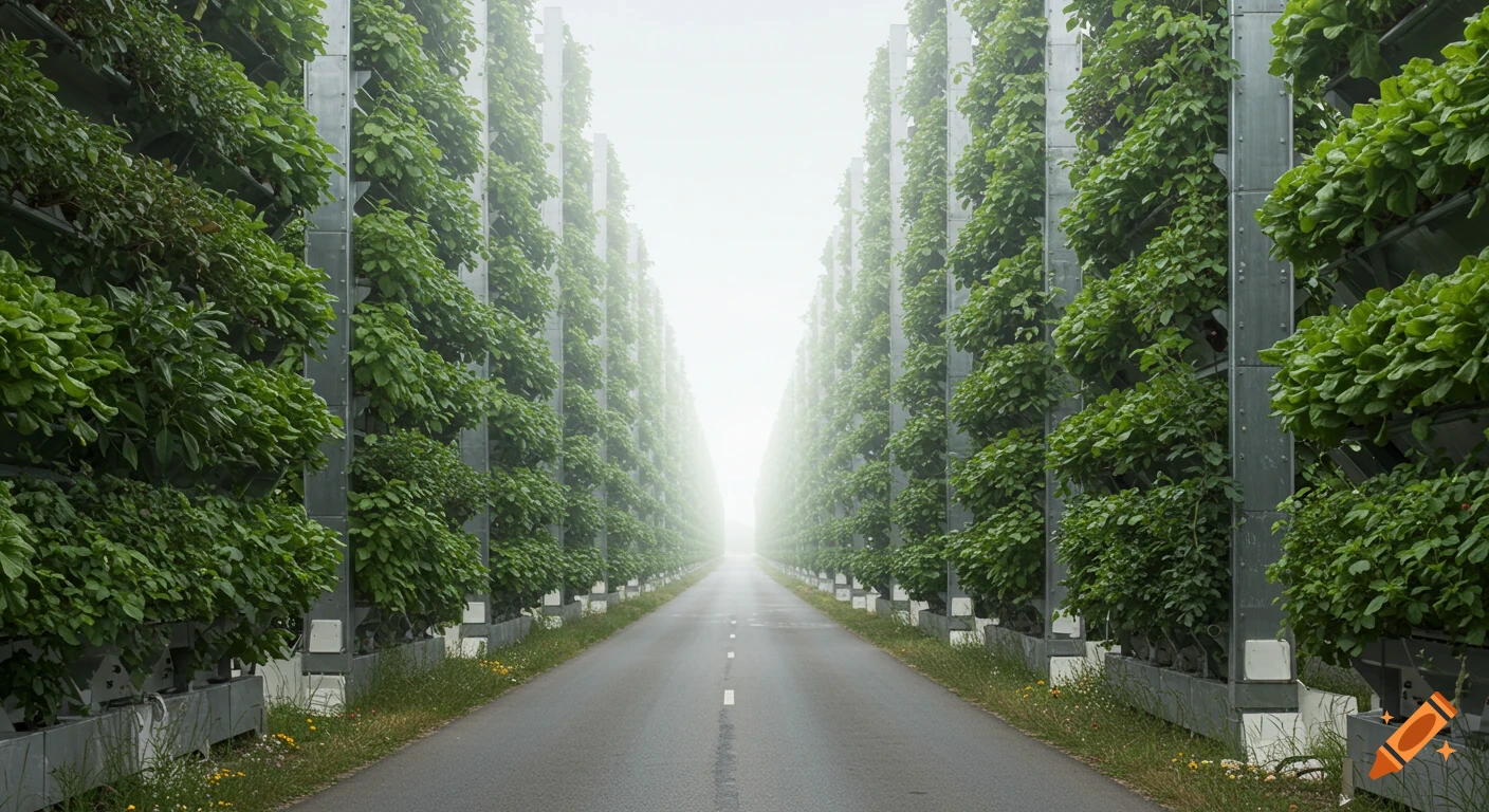 A road stretches between tall vertical farming towers covered in green plants, disappearing into mist.
