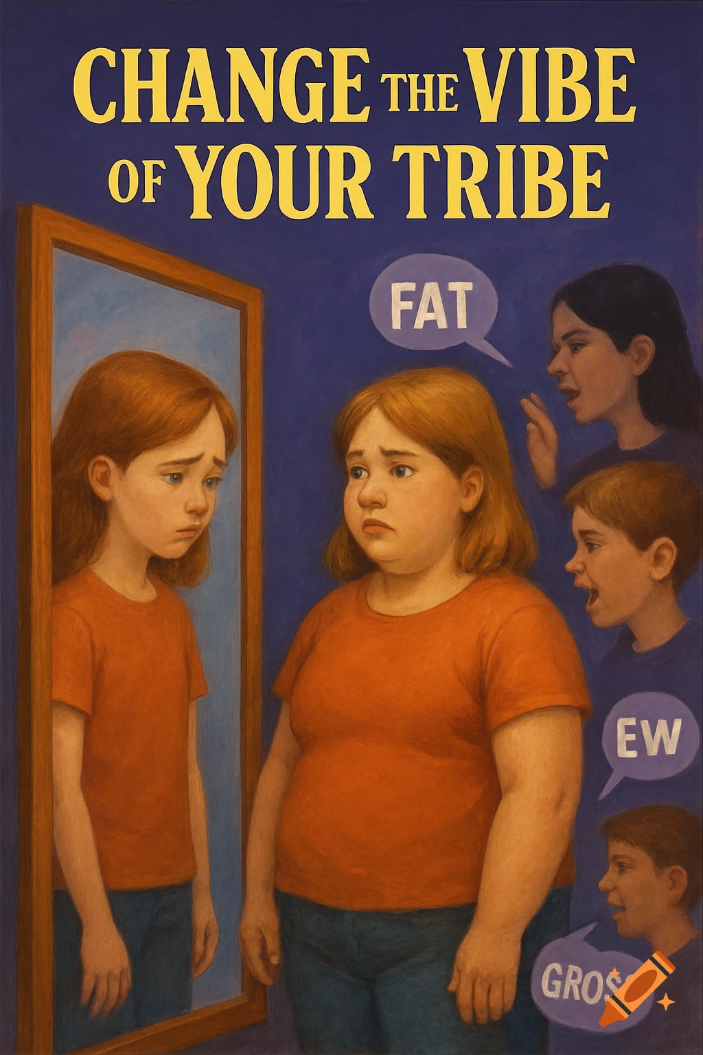 Illustration of a sad girl looking in a mirror and seeing a larger reflection, while others say "FAT", "EW", and "GROSS".