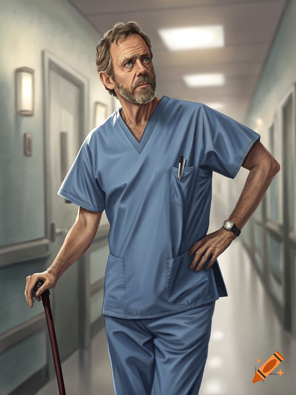 Illustration of a doctor in blue scrubs with a cane standing in a hospital hallway