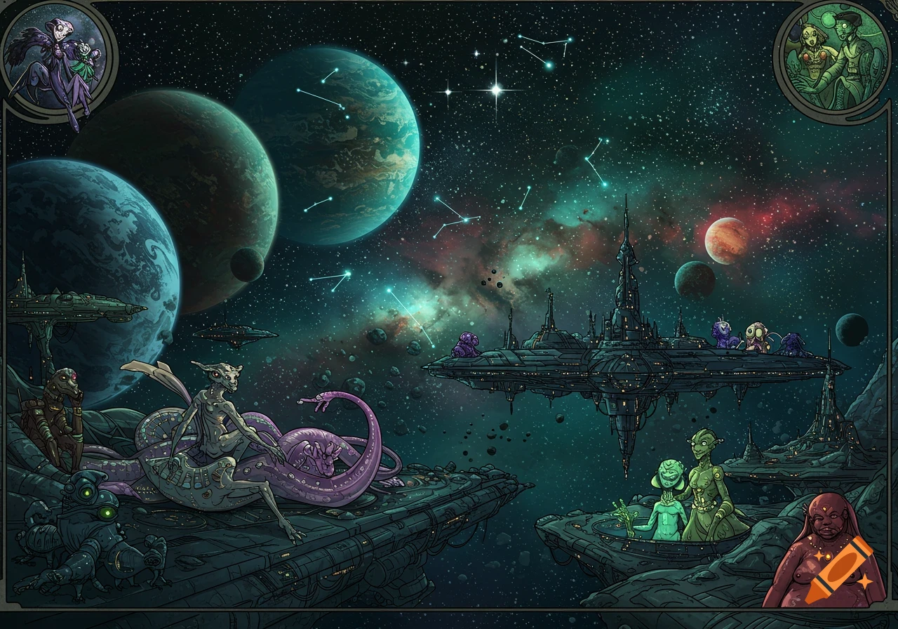 Sci-fi illustration of various aliens on floating platforms orbiting planets and spacecraft in space.