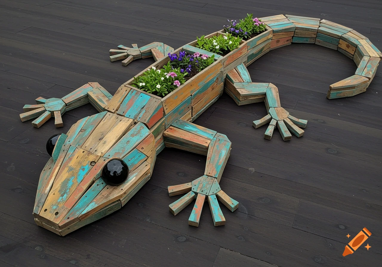 A garden planter shaped like a gecko, made from painted wooden pallet boards, sits on a dark wooden deck.