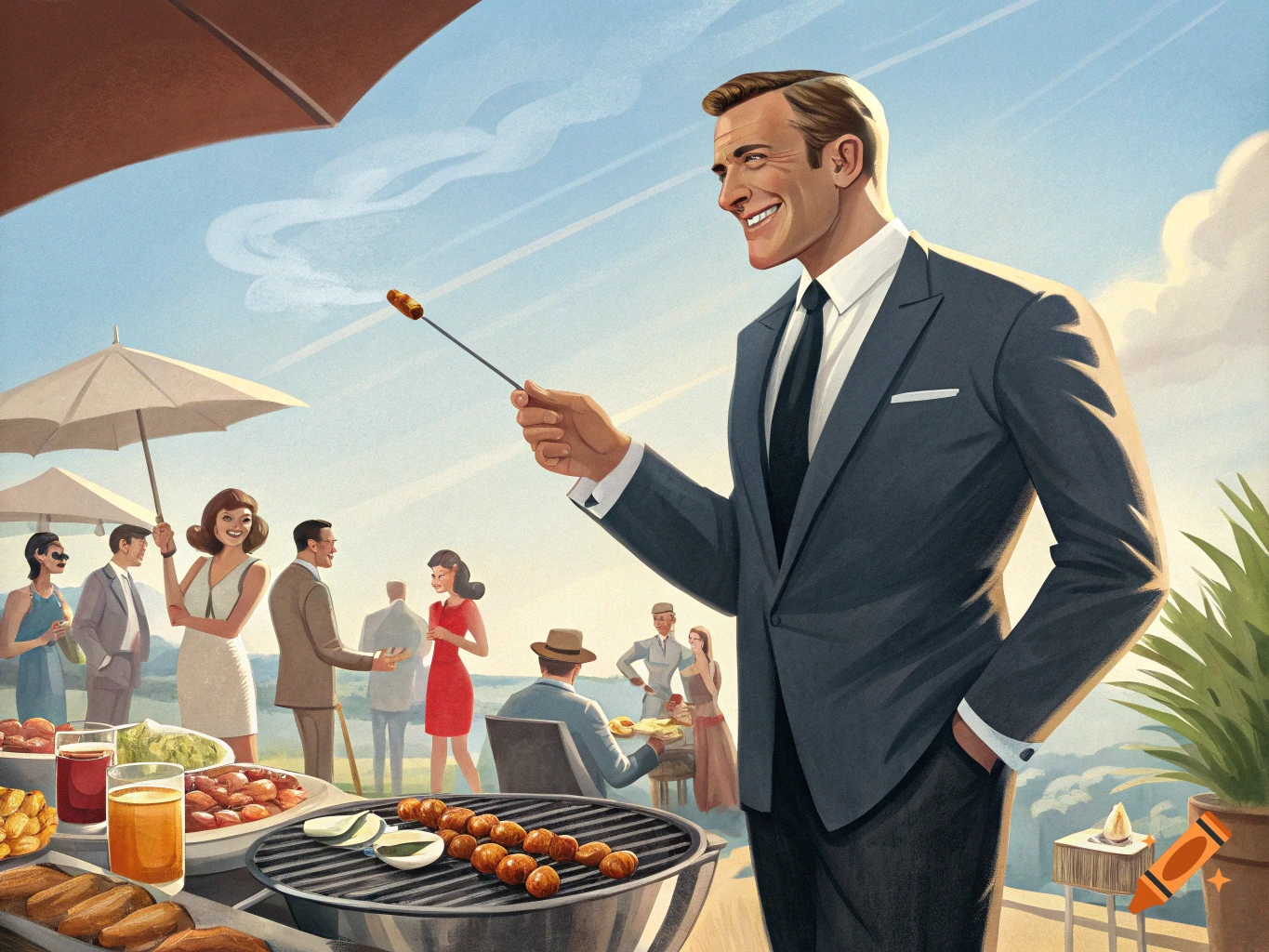 Stylish illustration of a man in a suit grilling at a barbecue party with other guests.