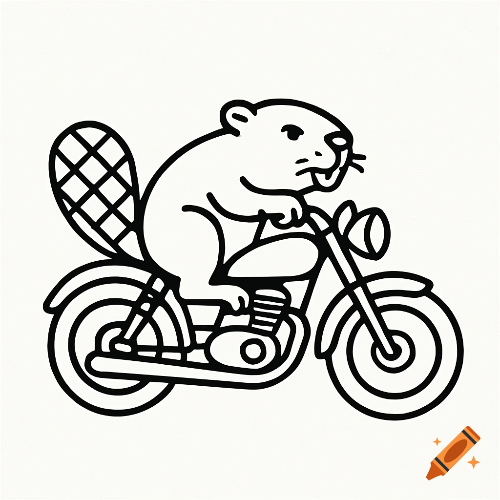 Line drawing of a cartoon beaver riding a motorcycle.