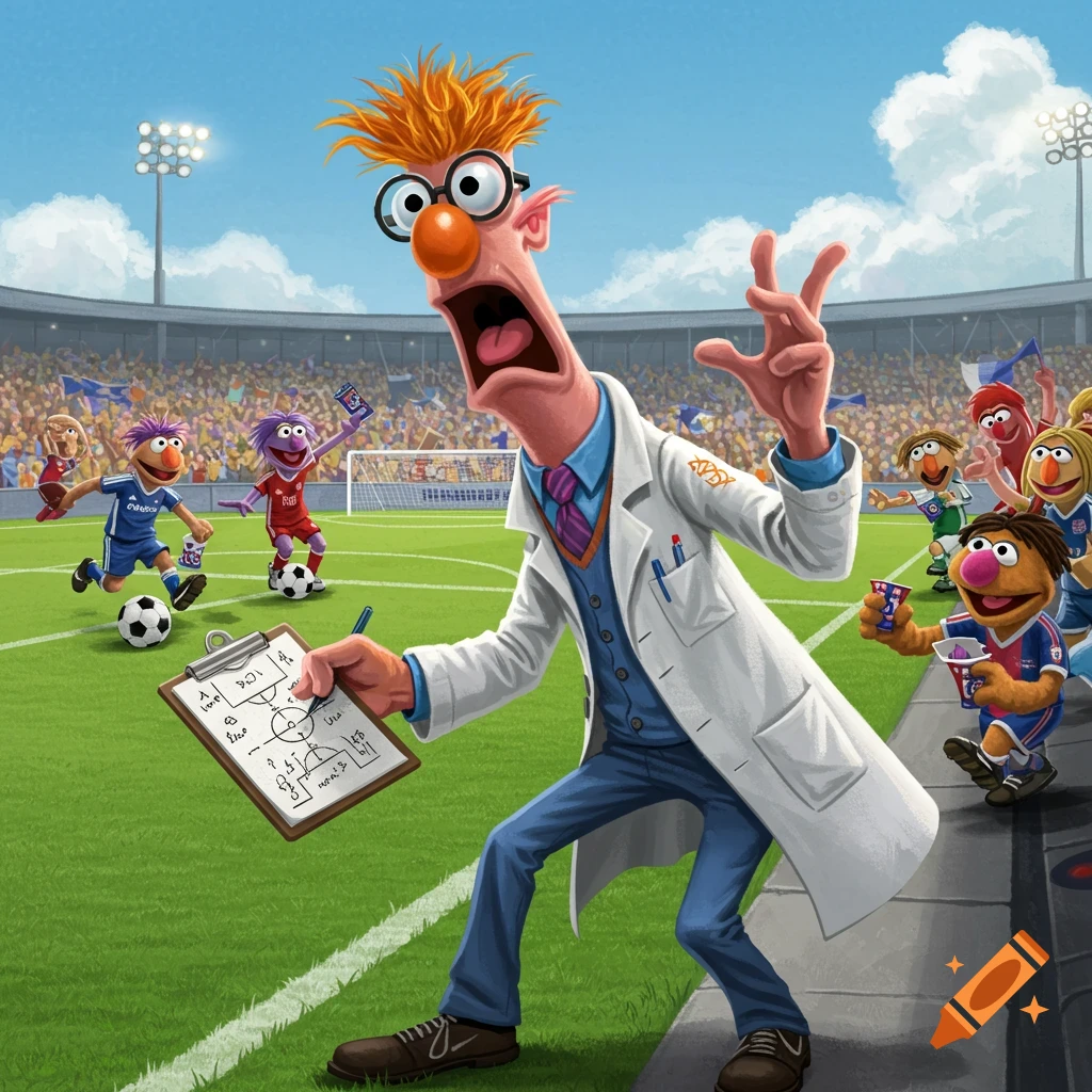 Beaker manages a soccer team of Muppet-like characters on a field in a crowded stadium.