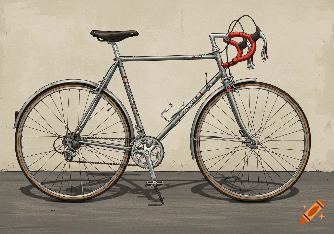 Stylized illustration of a vintage silver touring bicycle with red handlebars and colorful streamers.