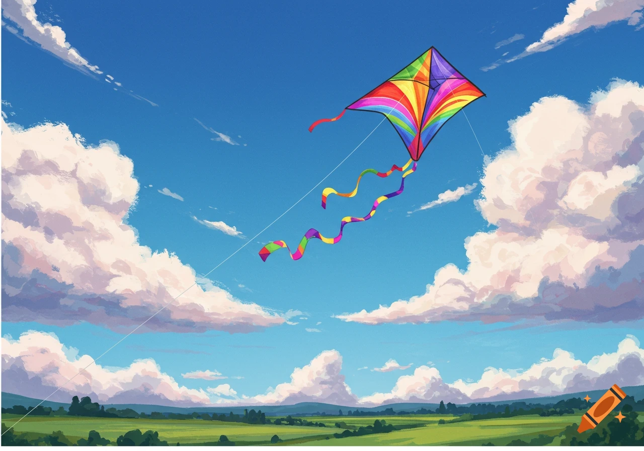 A colorful diamond kite with long ribbons flies in a blue sky with clouds over a green landscape.