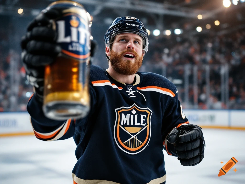 A hockey player in a dark jersey holds up a beer can on the ice.