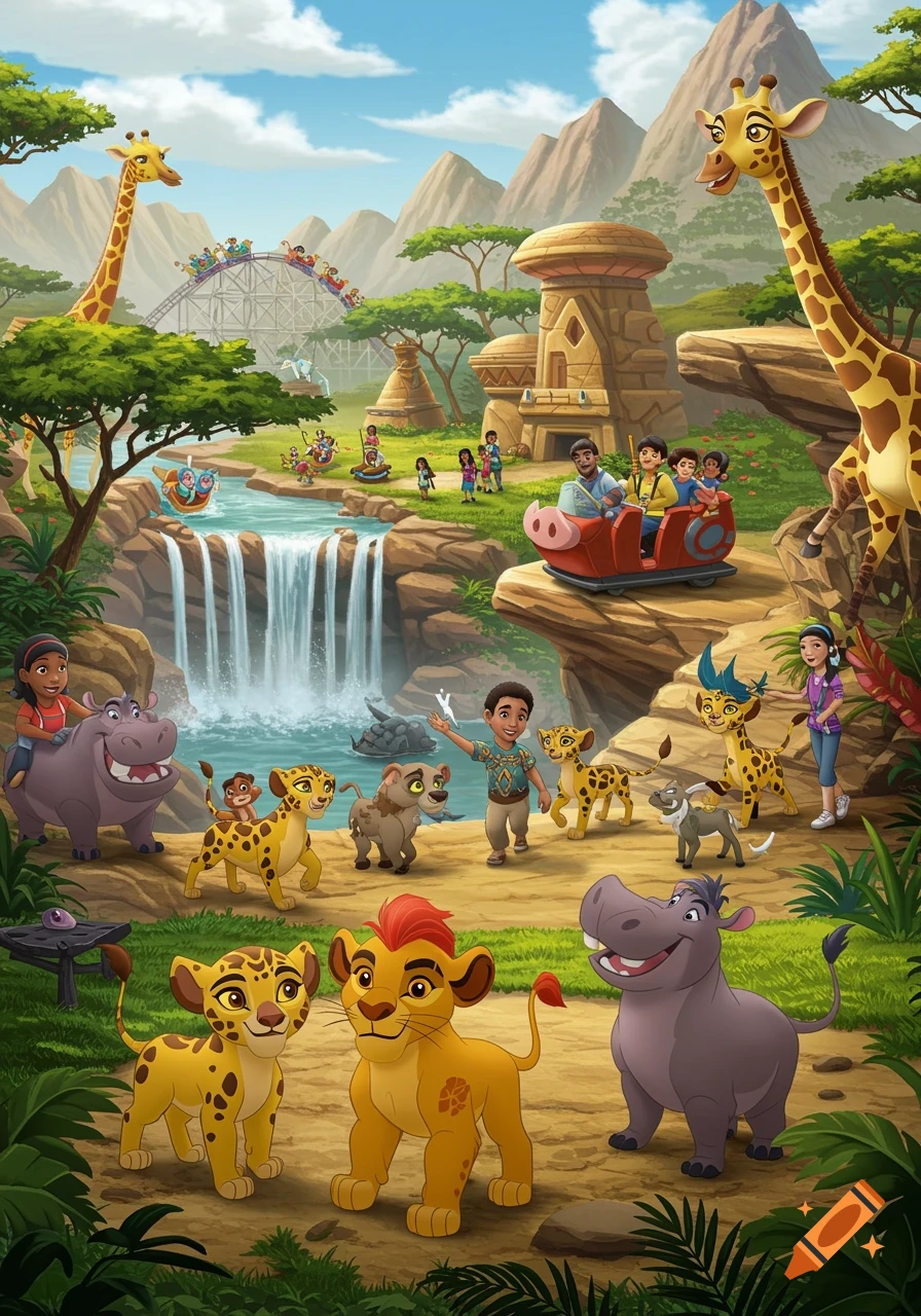 Cartoon illustration of Lion Guard characters and humans enjoying rides and attractions in a savanna theme park