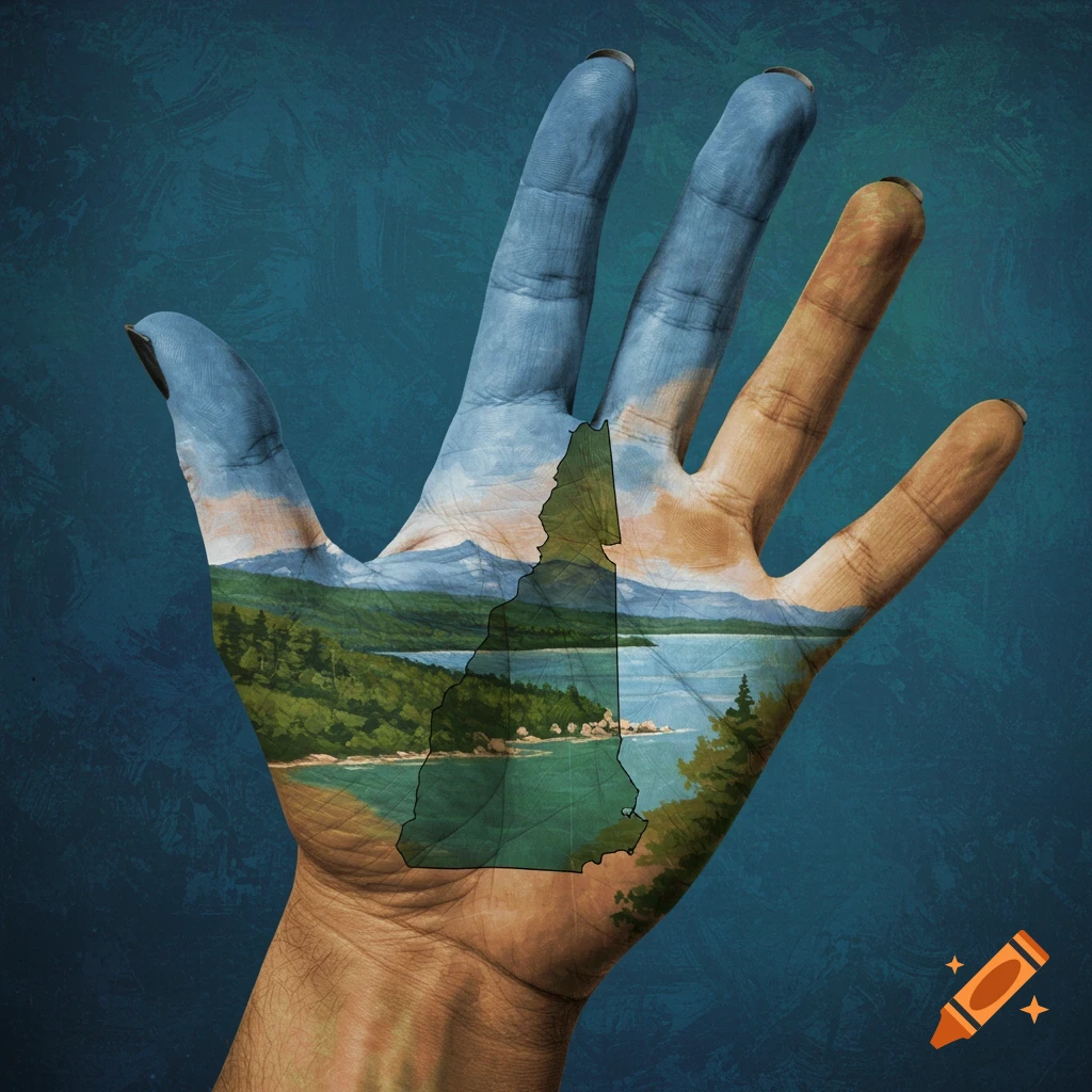 A hand with a painted New Hampshire landscape and state outline.