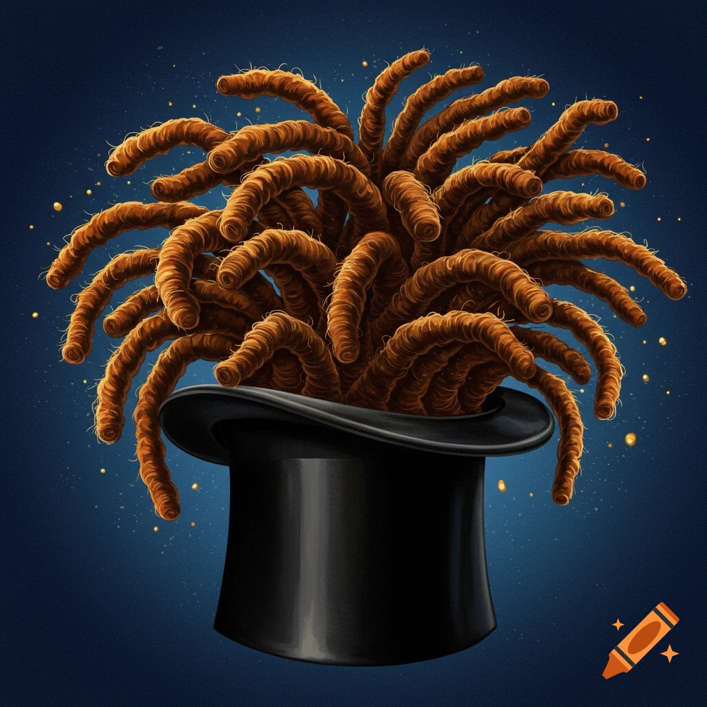 Surreal image of brown locs emerging from a black top hat with sparkling light on a dark blue background.
