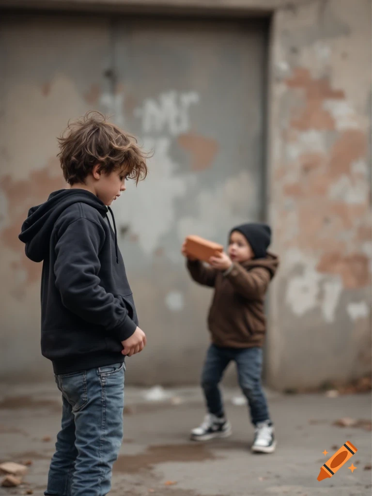 Two boys in hoodies stand in a derelict area, one holding a brick.