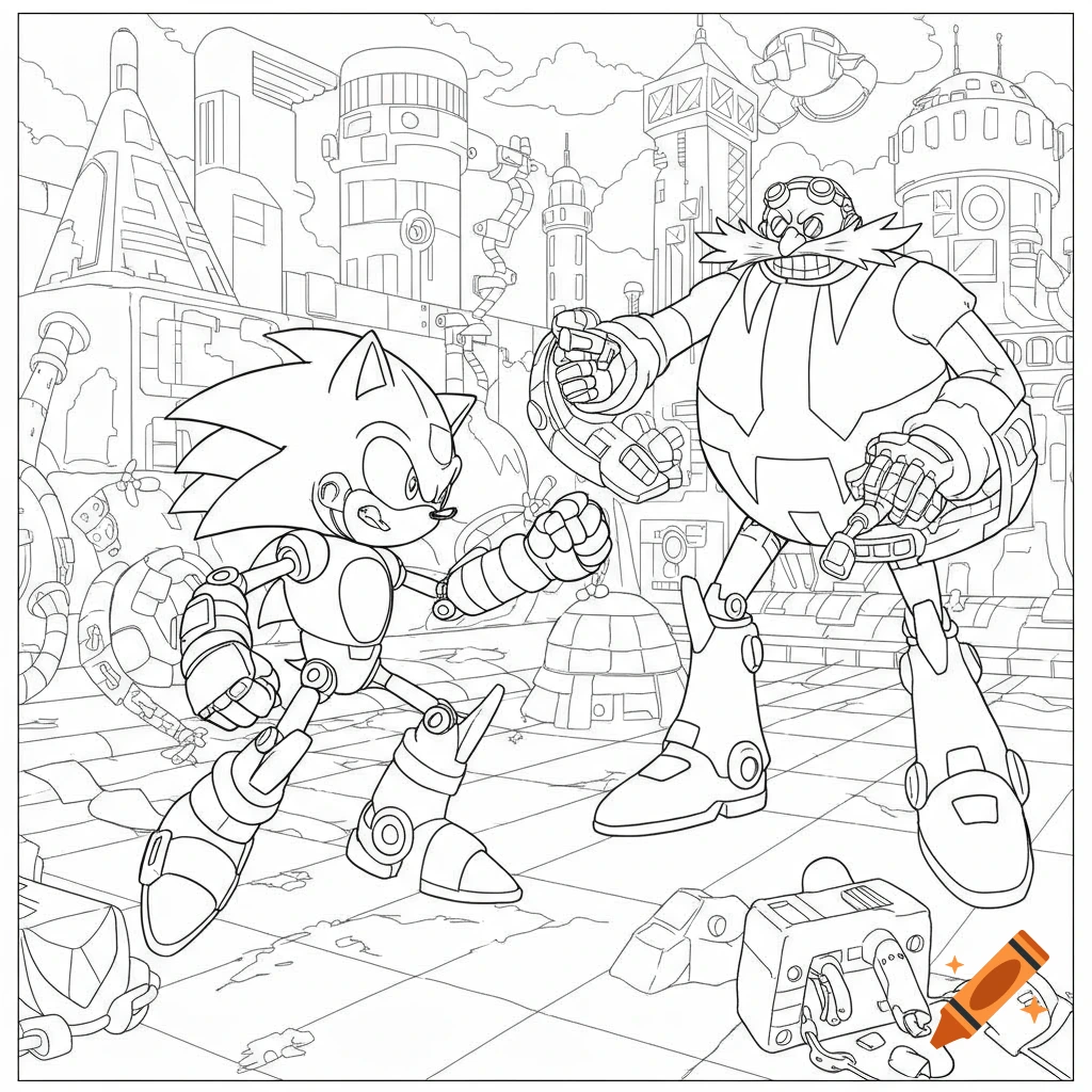 Line art coloring page of robotic Sonic fighting Eggman in a mechanical city