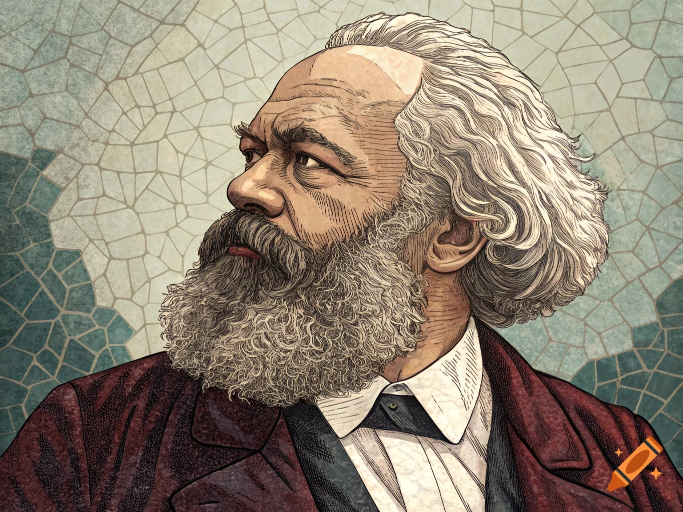 Portrait of Karl Marx in a mosaic style.