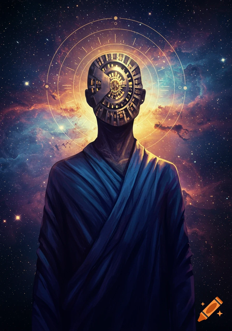 Humanoid figure with a spinning vault face and blue cloak against a starry space background with glowing rings.