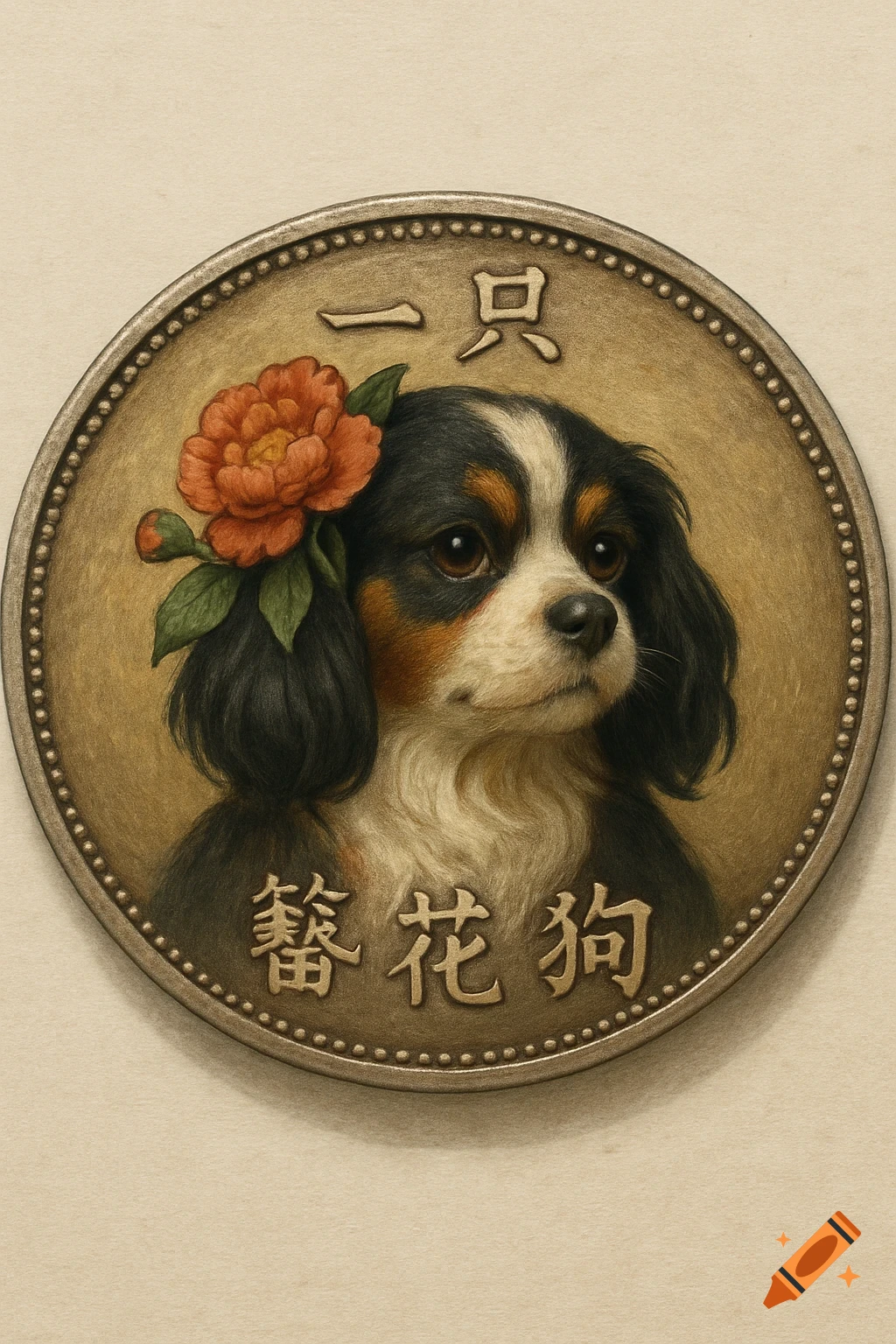 Detailed illustration of a dog with an orange flower on a coin with East Asian characters.