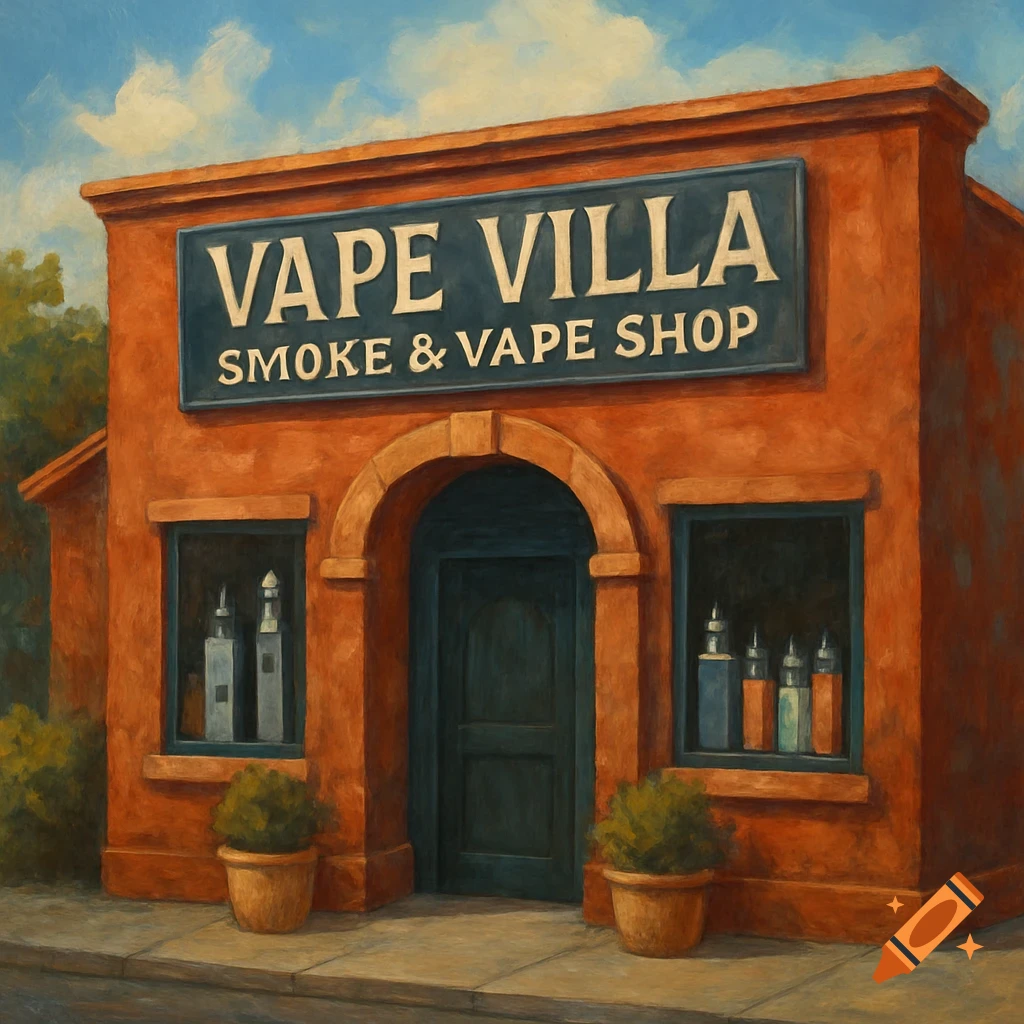 A painted image of a building facade with a sign that reads "VAPE VILLA SMOKE & VAPE SHOP".