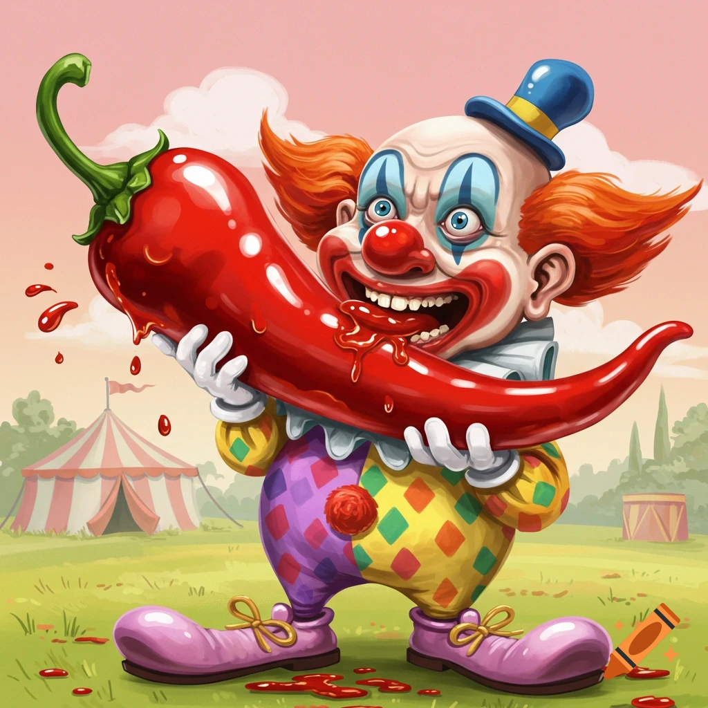 Cartoon clown holds and drips juice from a large red chili pepper at a circus.