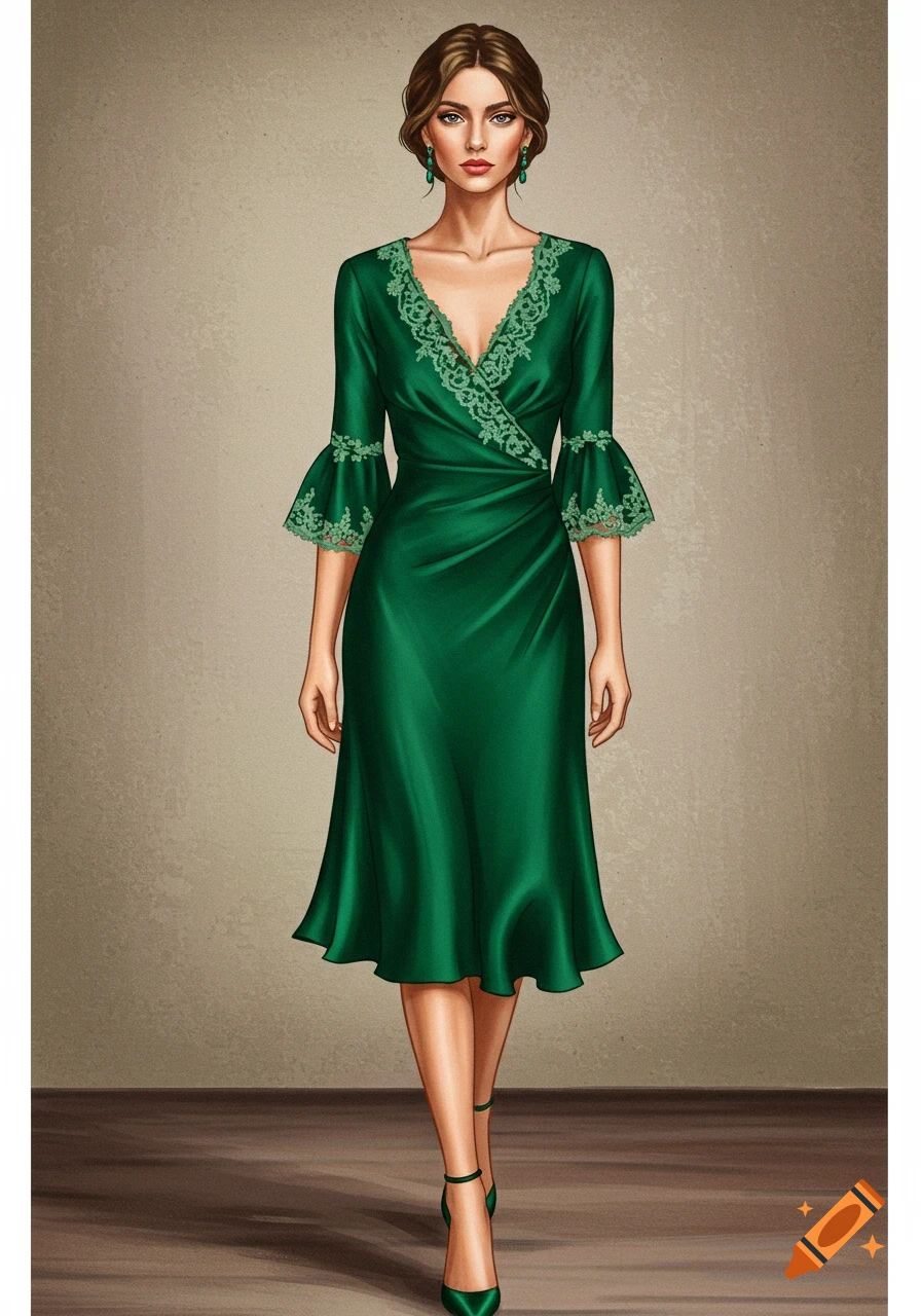 Illustration of a woman in a green cocktail dress with lace and bell sleeves, walking forward.