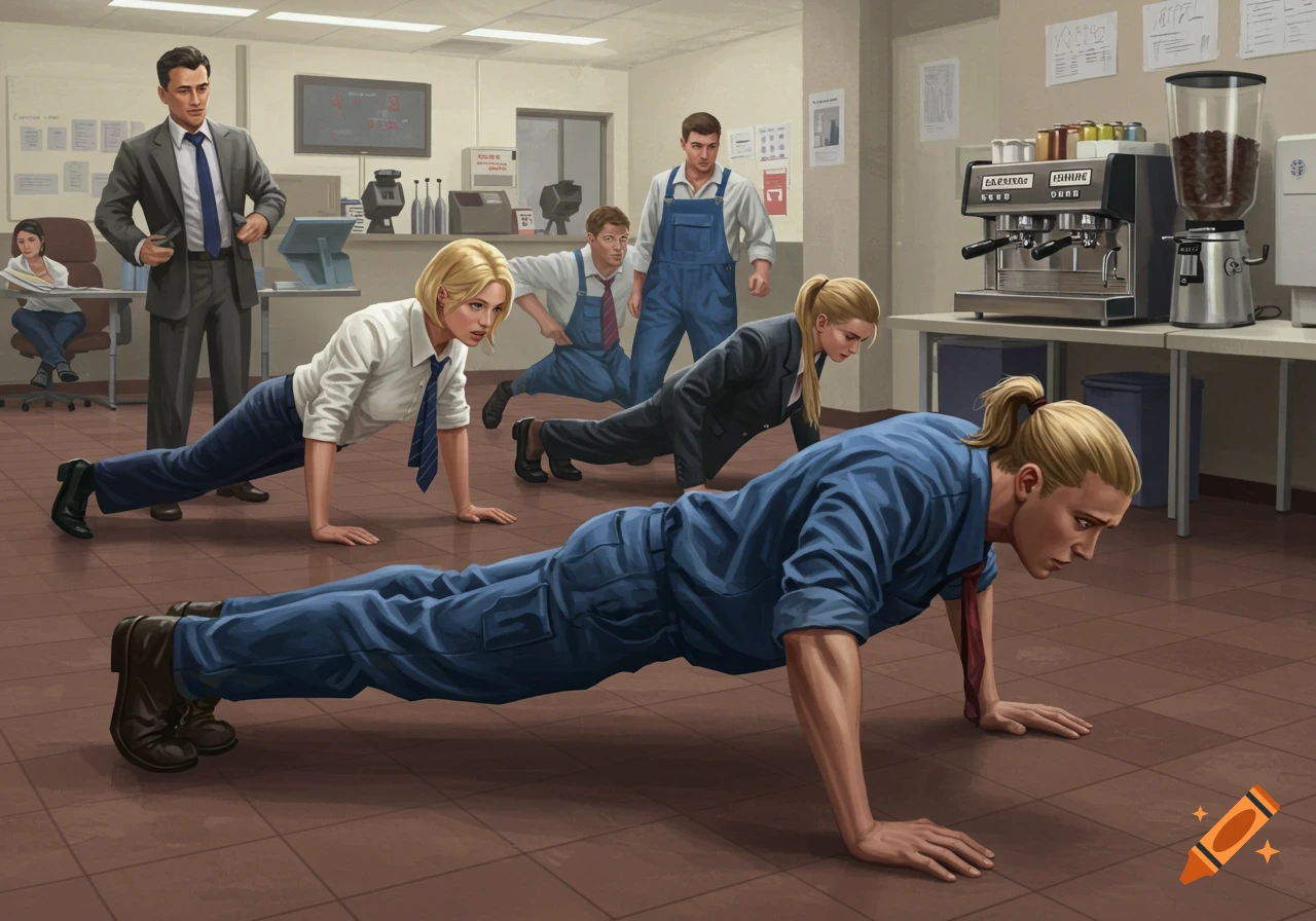 Office and factory workers do pushups in an office lunchroom.