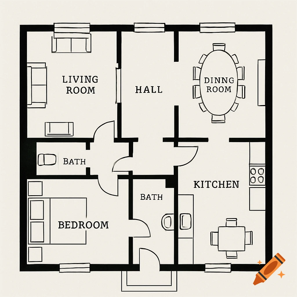 A black and white architectural floor plan drawing of a house layout.