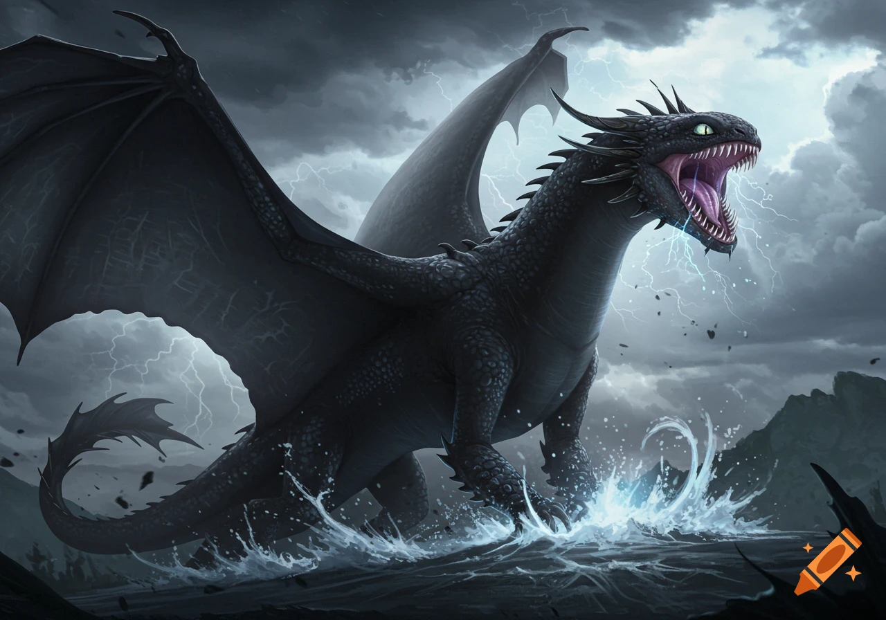 A black dragon with green eyes roars in stormy water with lightning.