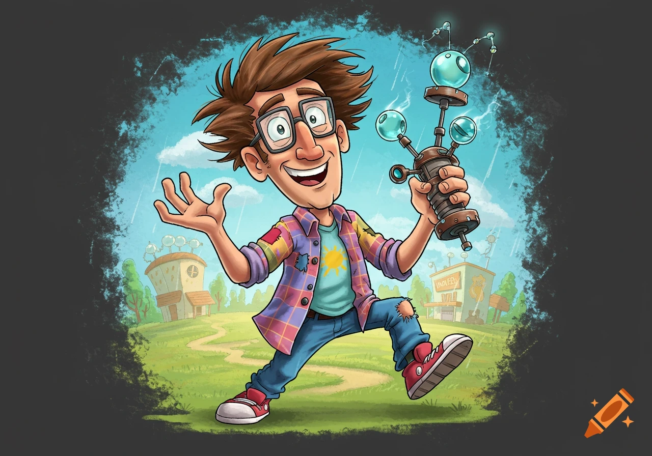 A cartoon scientist character holding a gadget in a quirky landscape.